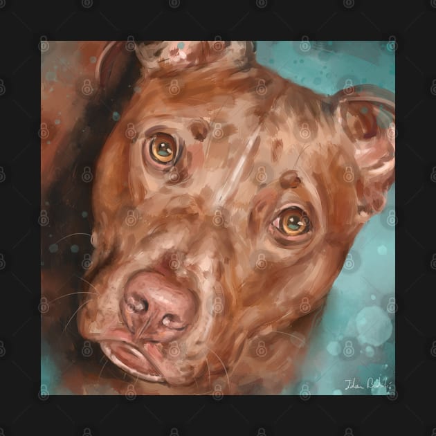 Painting of a Beautiful Red Nose Pit Bull With Soulful Eyes, on Bluish Green Background by ibadishi