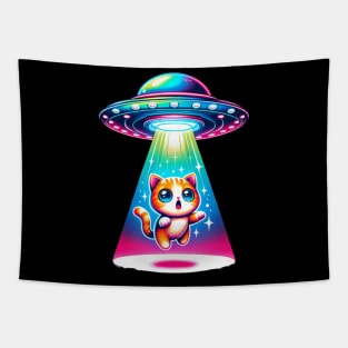 Funny UFO Abducting Chibi Cat Kawaii Cute Cartoon Tapestry
