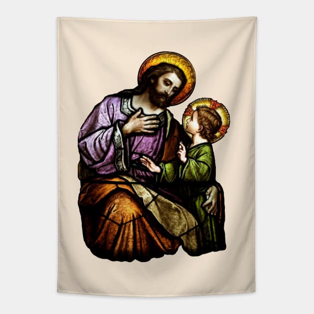 Saint Joseph with Christ Child Stained Glass Window Tapestry by Catholicamtees