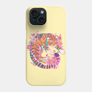 Colorful cartoon tiger with pink flowers Phone Case