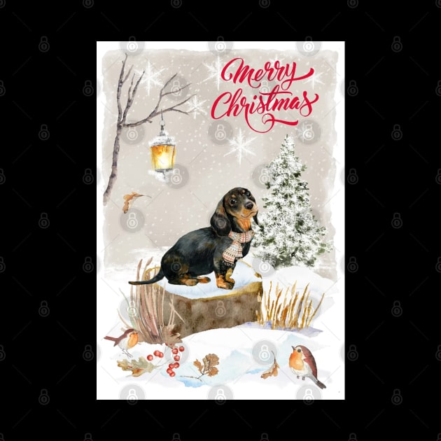 Black And Tan Dachshund Puppy Merry Christmas Santa Dog by Puppy Eyes