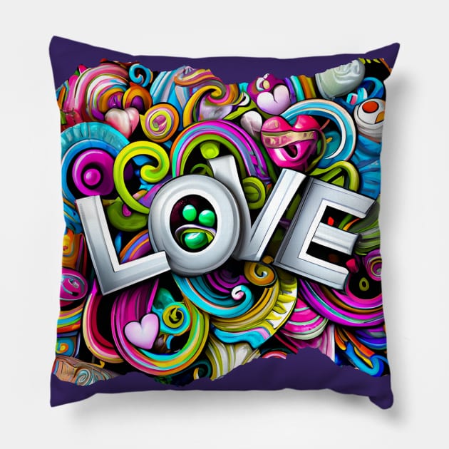 Rainbows & Hearts LOVE Graffiti Pillow by AI Art Originals