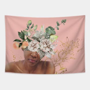 Floral Black Girl Bust with Gold Splatters Tapestry