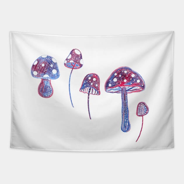 Blue and Red Fantasy Mushrooms Tapestry by Neginmf