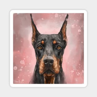 Painting of a Gorgeous Black and Gold Doberman on Pink Background Magnet