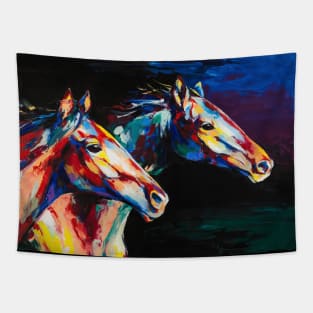 Horses oil portrait painting in multicolored tones. Tapestry