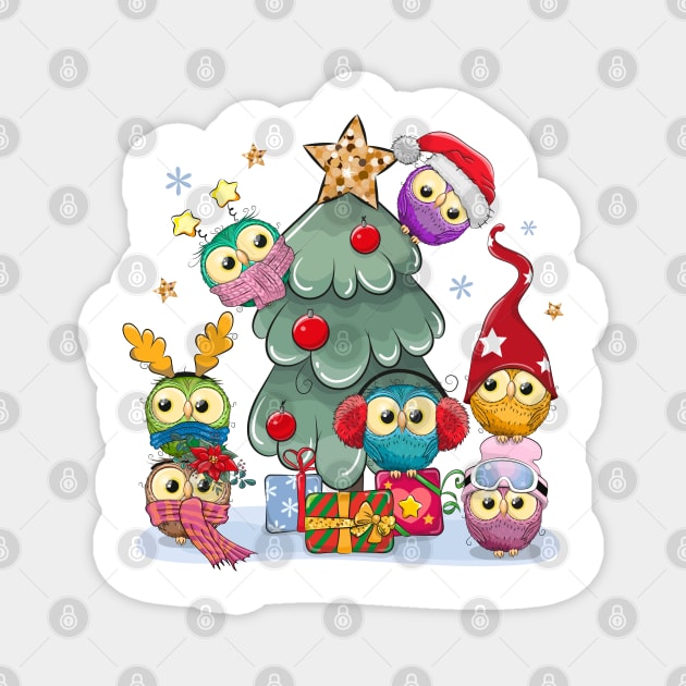 Cute Christmas tree with little colorful owls sitting on it Magnet by Reginast777