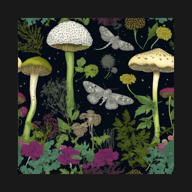 Mystery Night Garden with Mushrooms Moths and Hemlock by bragova