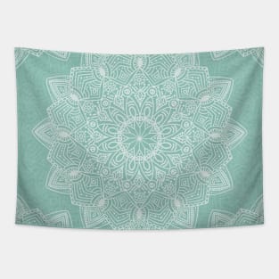 Beautiful hand drawn soft white mandala on pastel mint green Tapestry