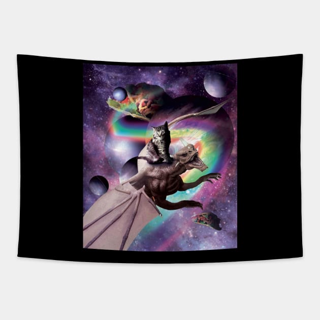 Space Cat Riding Dragon - Tacos And Rainbow Tapestry by Random Galaxy