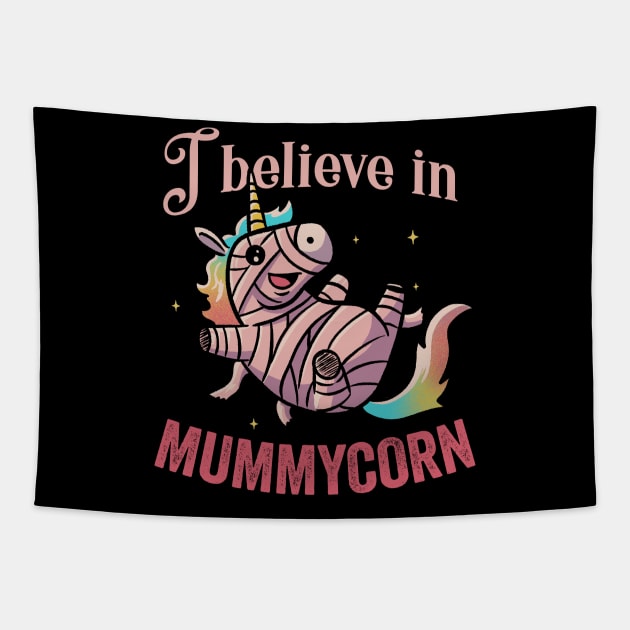 I Believe In Mummycorn Funny Cute Spooky Tapestry by eduely