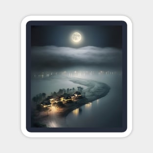 A view from sky of a full moon floating over clouds overlooking beach village Magnet