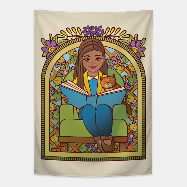 Girl Reading to Her Cat Tapestry by Sue Cervenka