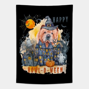 Chow Chow Happy Howl-o-ween Ghost Houses Funny Watercolor Tapestry