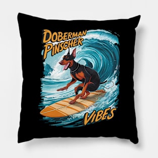 Doberman Pinscher Surfer Riding Tropical Wave Pillow