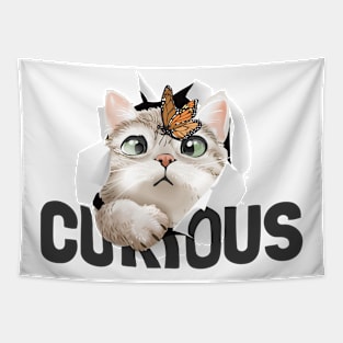 Vector cute cat and butterfly in curious paper hole illustration Tapestry