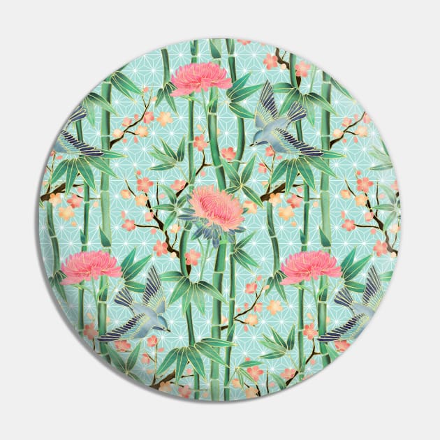 Bamboo, Birds and Blossom - soft blue green Pin by micklyn