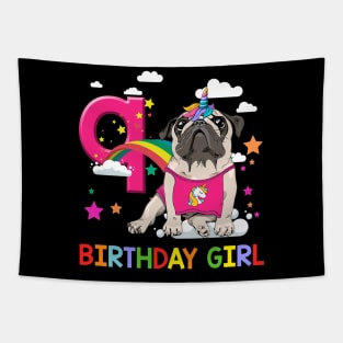 Pug Birthday - 9 Years Old Unicorn Pugicorn Party Tapestry