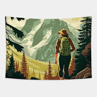 Woman Hiking in Forest Minimal Design, Adventure Mountain Tapestry