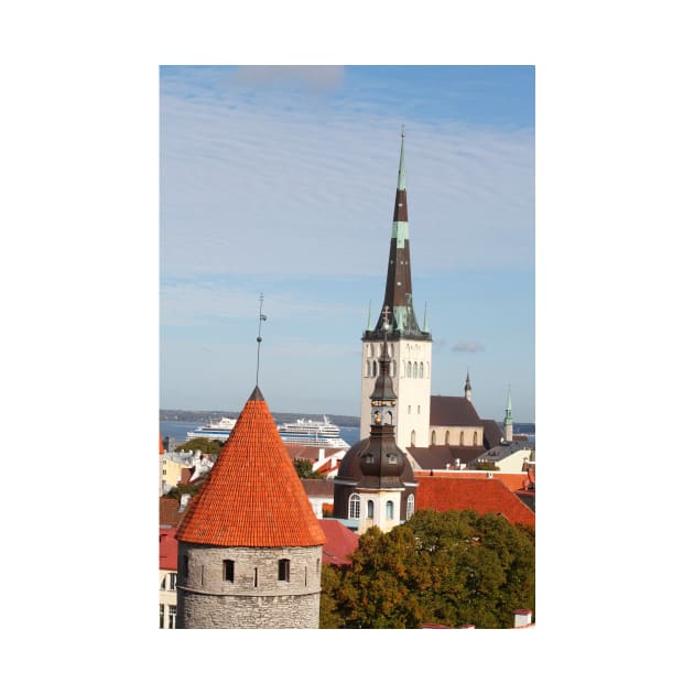 View from Toompea of the Lower Town, Old Town with Olai's Church or Oleviste Kirik, and a tower of the city wall, Tallinn, Estonia, Europe by Kruegerfoto