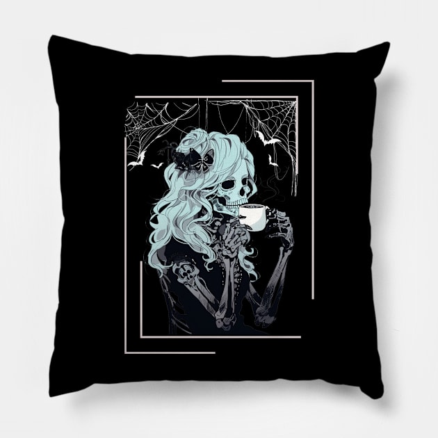 Coffee Drinking Skeleton Messy Bun Halloween Costume Girls Pillow by AE Desings Digital