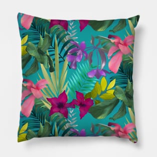 Elegant tropical flowers and leaves pattern purple illustration, blue tropical pattern over a Pillow