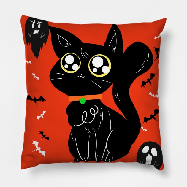 Happy Halloween - Orange and Black Big Eyed Cat Pillow by saradaboru