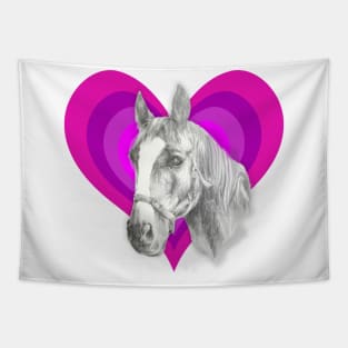 Beautiful pencil drawing of a horse on a rainbow heart Tapestry