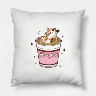 Adorable Japanese Cat Eating Ramen in a Cup, Japan Anime Style Pillow