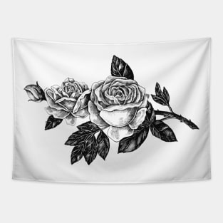 Vintage roses design, Black and white floral pattern Tapestry