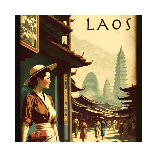 Laos Woman Vintage Travel Art Poster by OldTravelArt
