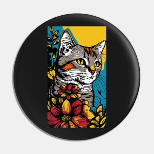 American Shorthair Cat Vibrant Tropical Flower Tall Retro Vintage Digital Pop Art Portrait Pin