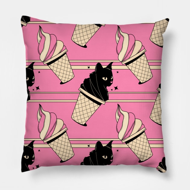Ice Cream Black Cat Pattern in pink Pillow by The Charcoal Cat Co.