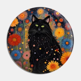 Black Cat With Stars and Flowers Pin