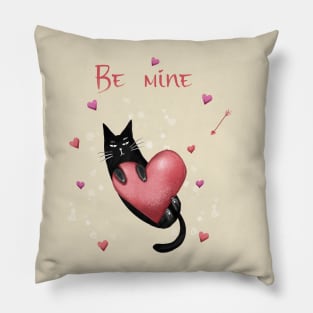 Happy valentines black cat. Cute cat and red hearts. Pillow