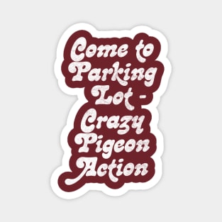 Come to parking lot. Crazy pigeon action. Magnet