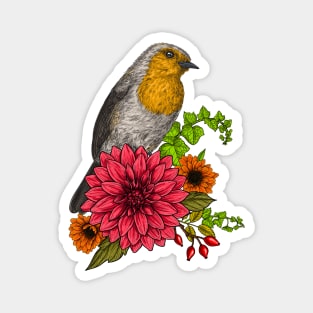 Robin on bouquet of flowers Magnet