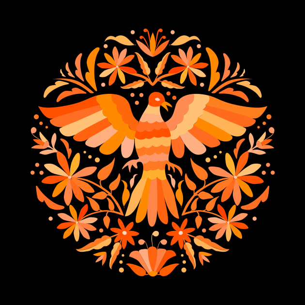 Flying Bird - Mexican Otomí Design in Orange Shades by Akbaly by Akbaly