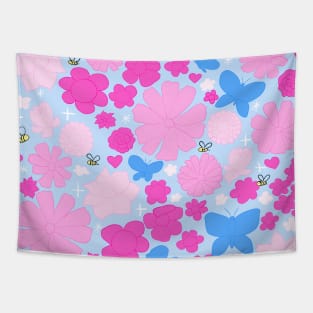 Pink Blue Flowers Butterflies Bees Tapestry