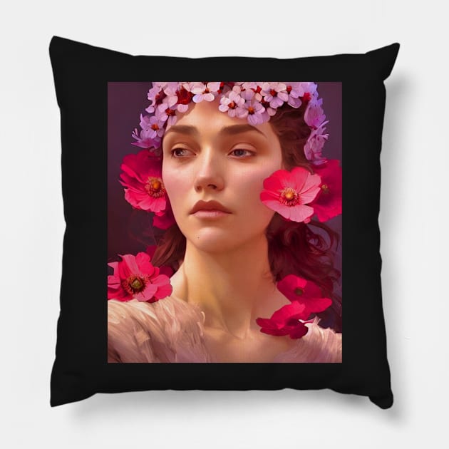 Sad Flower Girl - Portrait Young Woman Adorned with Flowers Pillow by BubbleMench