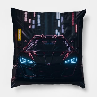 Dark Sports Car in Japanese Neon City Pillow