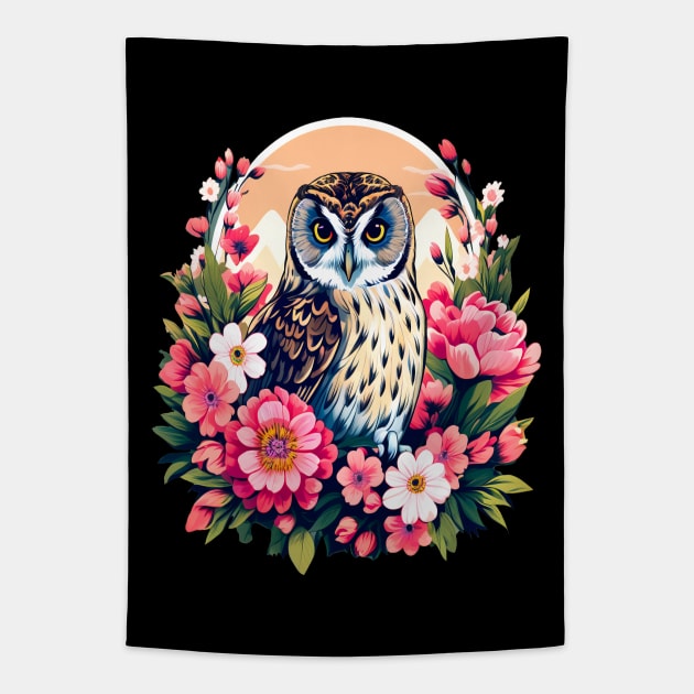 A Cute Short Eared Owl Surrounded by Bold Vibrant Spring Flowers Tapestry by BirdsnStuff