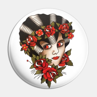 Lady Face with Roses Tattoo Design Pin