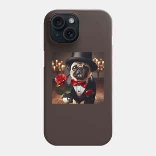 Sad pug dog in tuxedo suit with red rose Phone Case