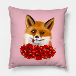 Cute face of a fox with red poppies. Pillow