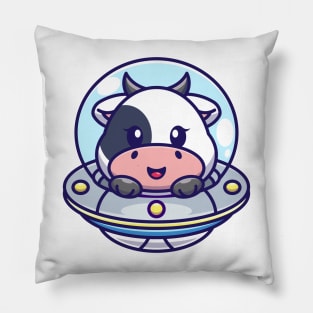 Cute cow flying with spaceship ufo cartoon Pillow