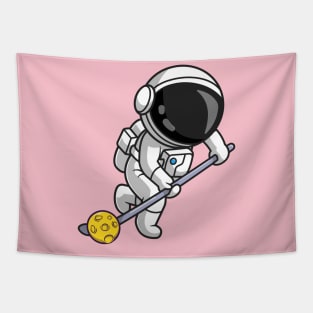 Cute Astronaut Playing Hockey Moon Cartoon Tapestry