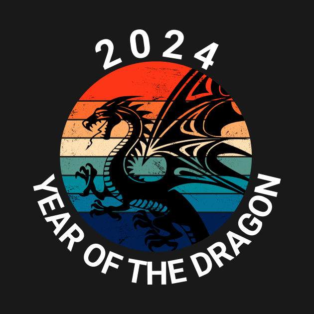 2024 Year of the Dragon, Retro Sunset Dragon, Year of the Dragon 2024, Happy New Year 2024 by sarcasmandadulting