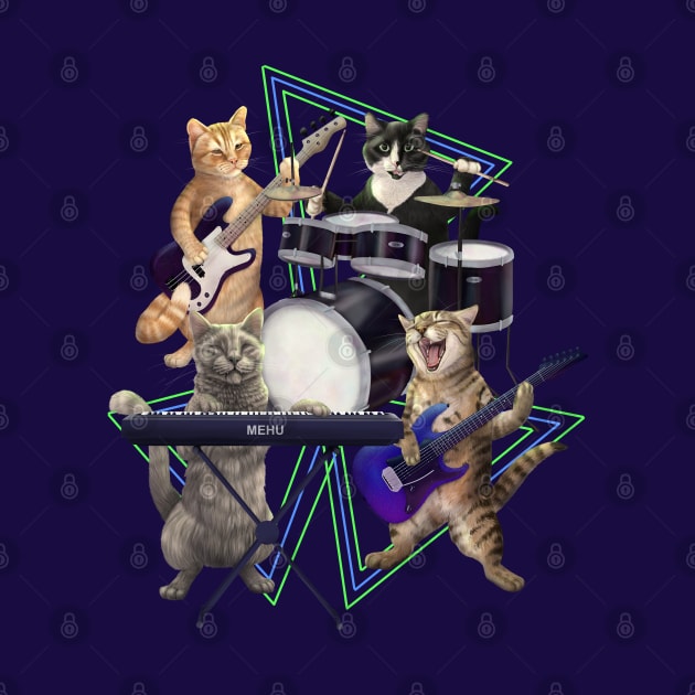 Cat band. Rock and Roll Kitties on Guitar, Bass, Drums, and keyboard. by Mehu Art