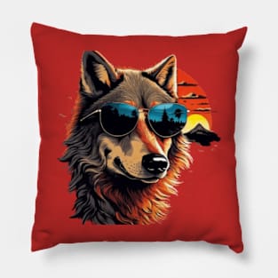 Cool wolf wearing sunglasses in the sunset Pillow